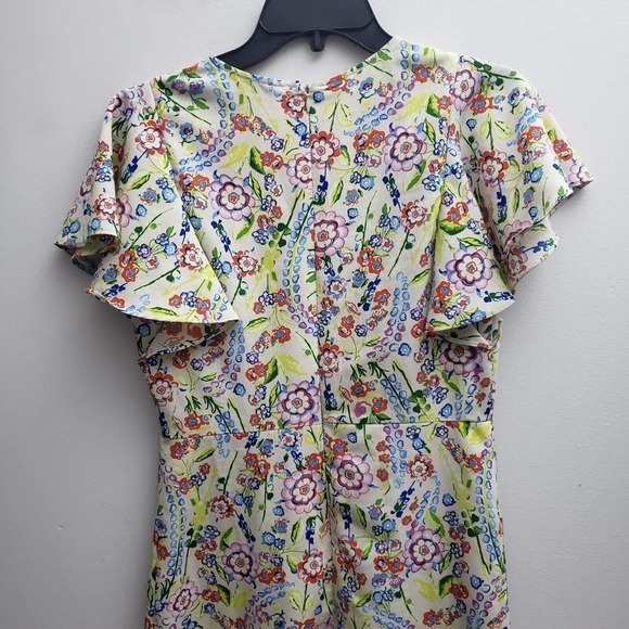 Cottonade Sheath Dress 36/Med Multicolor Flutter Sleeves Fit Flare Midi V-neck - Picture 5 of 8